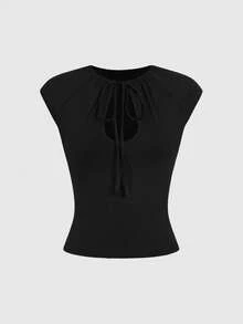 ROMWE Avant 前卫休闲时尚镂空圆领女式T恤 - 黑色 - 查看 1