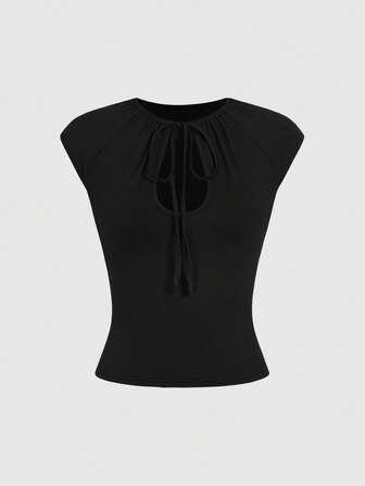 ROMWE Avant Avantgarde Lässig Chic Ausgeschnittenes Rundhals Damen T-Shirt