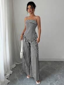 Elenzga Women's Striped Asymmetric Hem Camisole Top And Wide Leg Pants Casual 2 Pieces Set - Black - View 4