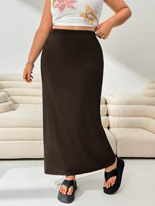 Solflare Falda elegante de punto de color marrón chocolate de talla grande - Marrón Chocolate - Ver 4