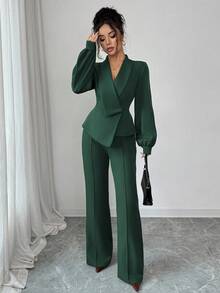 Elenzga 女士优雅休闲通勤度假下午茶聚会纯色不对称交叉领西装外套，灯笼袖搭配松紧腰喇叭裤，适合春、秋、冬季穿着。 - 墨綠色 - 查看 5