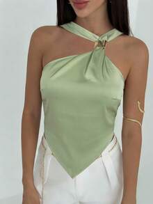 Aloruh 女士优雅通勤休闲金属装饰纯绿色衬衫 - 綠色 - 查看 5