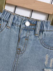 SHEIN Baby Boy Summer Casual Distressed Ripped Frayed Blue Button Front Pockets Skinny Denim Shorts,Baby Spring/Summer Spring Break Daily Wear - Light Wash - View 4
