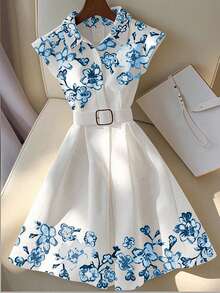 Franclia 女士优雅印花衬衫裙，适合春夏度假和日常穿着 - 藍色 - 查看 8