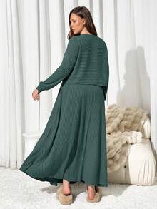 Auralis Bộ đồ đôi nữ cỡ lớn màu trơn cổ tròn tay dài và chân váy midi, kiểu dáng thường ngày. - Màu xanh lá cây đậm - Xem 2