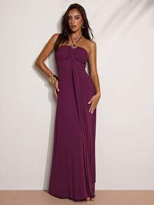 SHEIN BAE Women's Sexy Backless Halter Dress, Summer - Purple - View 4