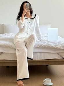 DAZY 白色优雅撞色褶皱彼得潘领女士睡衣套装 - 白色 - 查看 6