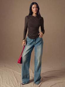 SHEIN BAE Áo thun nữ dài tay ôm dáng, màu trơn, xếp ly. - Cà phê nâu - Xem 3