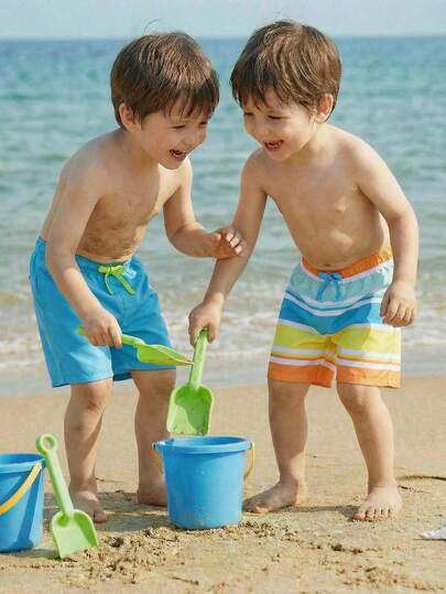 SHEIN Niños 2 piezas Traje de baño casual a rayas con cintura elástica para niños preadolescentes Ropa de niño pequeño Adecuado para verano, playa, exterior, natación