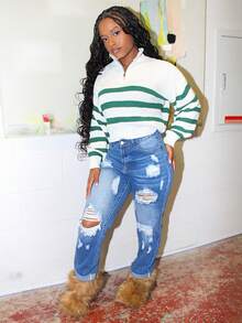 Steph T Striped Pattern Half Zip Drop Shoulder Sweater,Long Sleeve Tops Knit Pullover Fall Winter Outfit - Multicolor - View 4