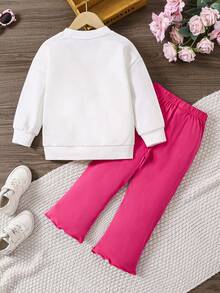 年轻女孩休闲 2 件套：长袖圆领图案印花上衣和裤子，适合秋季 - 彩色 - 查看 2