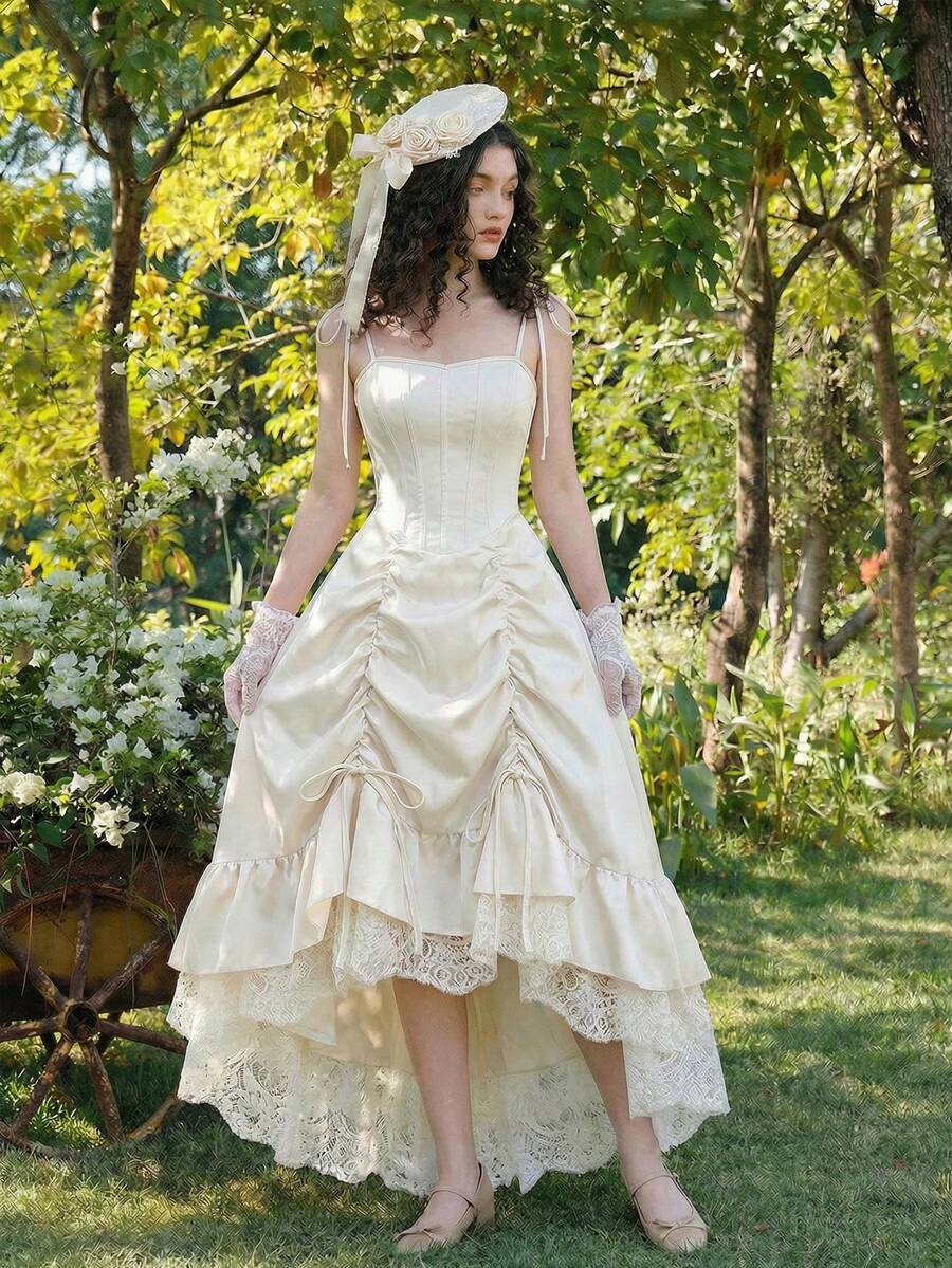 SHEIN MOD 女士优雅蕾丝拼接荷叶边吊带中长连衣裙，夏季 - 杏色 - 查看 1