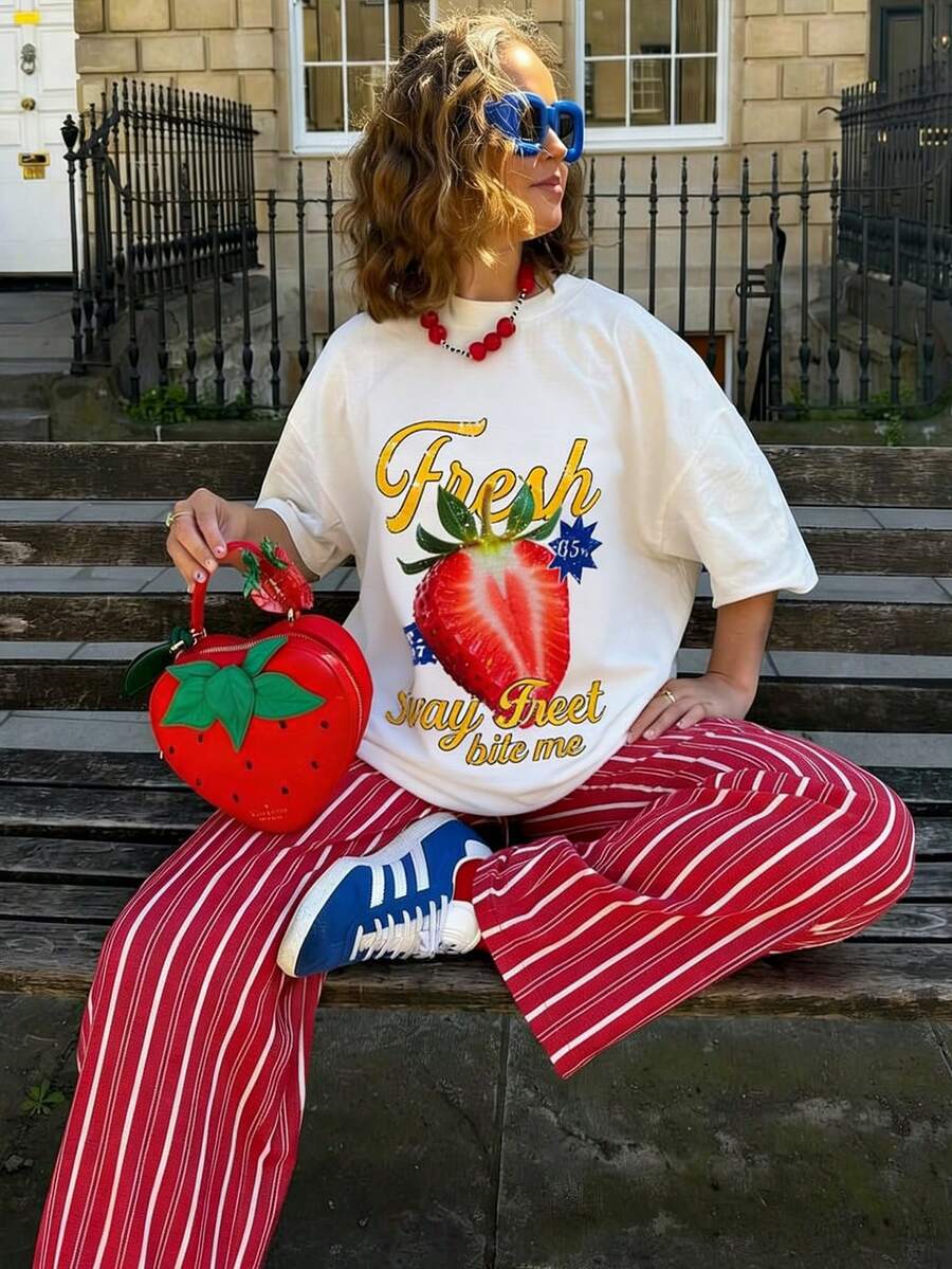Muchica Women's Letter & Strawberry Print Round Neck Short Sleeve T-Shirt And Striped Pants Casual Suit - Red - View 1
