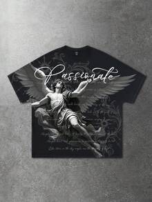 ROMWE MEN Street Life Men's Round Neck Angel Letter Print Casual Versatile Daily Short Sleeve T-Shirt - Black - View 3