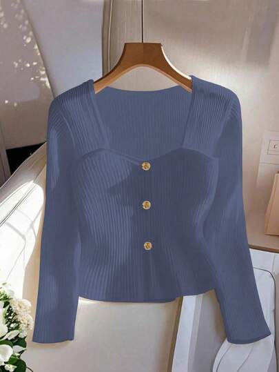 GlowEve Kadınlar için Düz Renk Kalp Yakalı Uzun Kollu Fitilli Kumaşlı Günlük İş Tişörtü