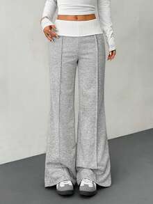 SHEIN PETITE Trang phục mùa hè và phong cách đường phố mùa hè dành cho nữ, đi chơi, thường ngày, đi học, phong cách vintage, quần dài trắng ống loe màu xám Pháp, kiểu dáng Y2K, quần áo Y2K, trang phục nghỉ hè. - Xám - Xem 7