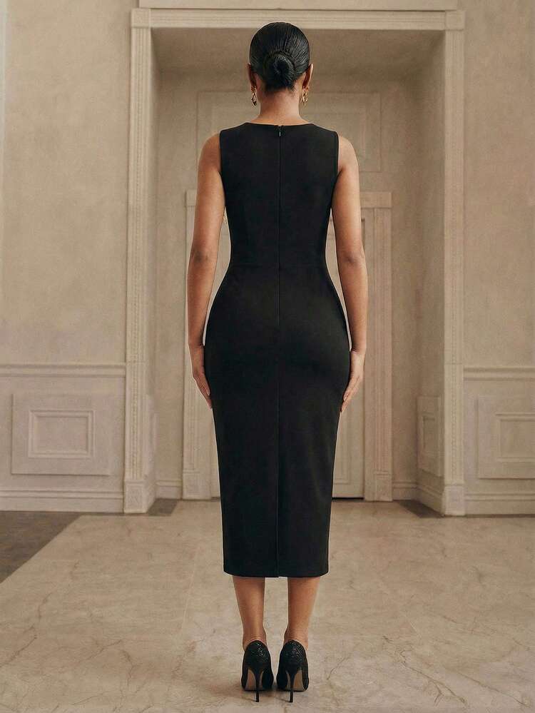 Women's New Sleeveless Deep V-Neck Black Bandage Bodycon Dress, Sexy Party Cocktail Dress With 3D Floral Decor