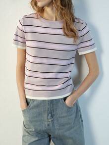 Maija Crew Neck Raglan Short Sleeve Striped Casual Loose Knit Sweater, Summer - Multicolor - View 7