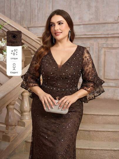 Aureia Plus Size Lotus Pink Beaded & Rhinestone Decor Ruffle Sleeve Lace Mermaid Formal Dress, Elegant Evening Gown