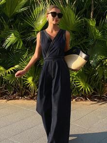 Livesso Women's Sleeveless V-Neck Waist Cinched Denim Jumpsuit - Blue - View 7