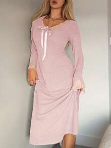 DAZY 女士浪漫束腰蕾丝拼接磨毛长款睡裙，秋冬款 - 粉色 - 查看 5