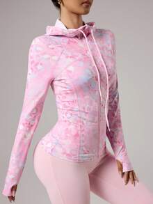 SHEIN 女士修身扎染波浪印花瑜伽运动夹克 - 粉色 - 查看 5