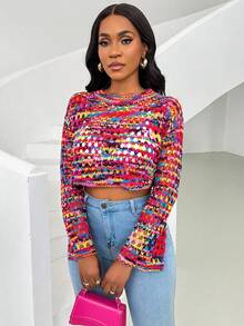 Chiquease 印花镂空薄纱圆领长袖短款毛衣 - 彩色 - 查看 3