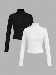SHEIN EZwear 大码立领长袖修身拉链休闲T恤 - 黑與白 - 查看 1