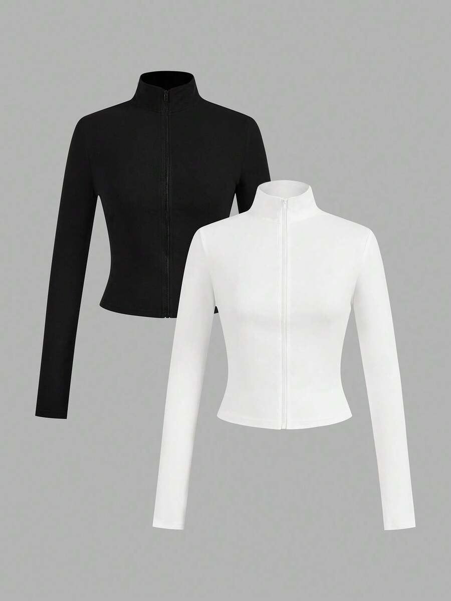 SHEIN EZwear 大码立领长袖修身拉链休闲T恤 - 黑與白 - 查看 1