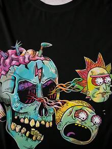 Rick and Morty X SHEIN 男士加大码休闲骷髅印花圆领短袖T恤，夏季 - 黑色 - 查看 6