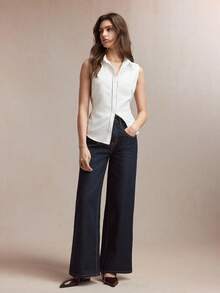 BizChic Áo sơ mi nữ không tay, cổ bẻ, cài khuy trước, một hàng cúc, màu trắng tinh khôi, kiểu dáng xuân/hè, có dây buộc ren ở eo, có thể điều chỉnh độ rộng, phù hợp cho mọi dịp, thanh lịch cho công sở và mặc hàng ngày. - trắng - Xem 6