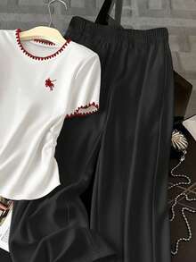 Resyla 2pcs Women Contrast Trim Round Neck Short Sleeve Top And Black Pants Set - Multicolor - View 5