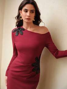 ZEYLAH Embroidered Fitted Waist Dress With Asymmetrical Shoulder, Autumn/Winter - Red - View 1