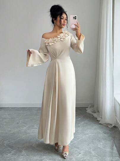 Yasmyna 女士纯色不对称领口贴花优雅长袖阿拉伯连衣裙