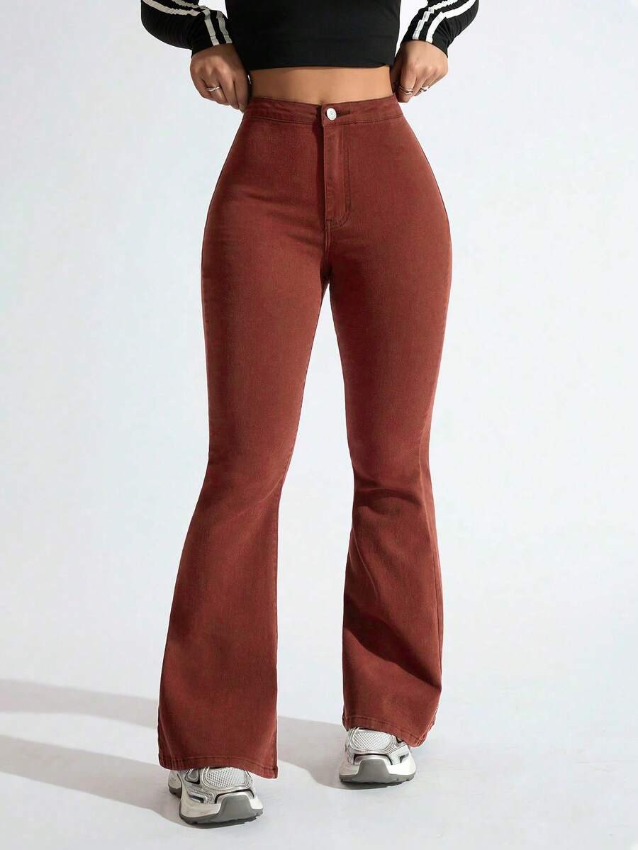 SHEIN EZwear Jeans de pierna acampanada de unicolor y estilo casual - Marrón - Ver 1