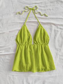 Soleia Áo hai dây nữ kiểu dáng thường ngày, buộc dây sau lưng, hở lưng, thích hợp cho mùa hè. - màu xanh lá - Xem 2