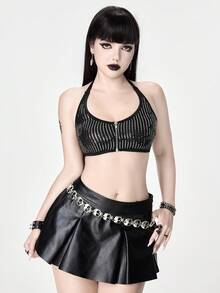 ROMWE Women's Gothic Punk Crinkle Zip Front Halter Sexy Bralette - Black - View 4