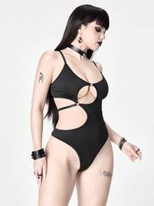 ROMWE Goth Mono sexy de mujer con diseño calado de unicolor y tirantes finos - Negro - Ver 5