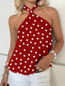 SHEIN EZwear Áo không tay in hình trái tim, kiểu dáng cổ điển thanh lịch, đa năng, ấm áp, thích hợp cho ngày Valentine, dành cho nữ, thoải mái cho mùa xuân/hè. - Nhiều màu - Xem 6