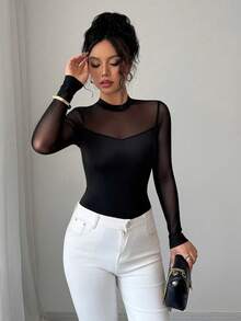 SHEIN PETITE Women's All-Match Versatile Sheer Patchwork Round Neck T-Shirt, Spring/Summer - Black - View 7