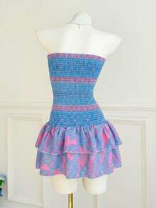 Women's Floral Print Ruffle Hem Strapless Mini Dress, Vacation Style - Multicolor - View 2