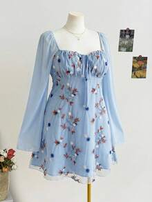 Dreamara Plus Size Women Floral Embroidery Tie-Up Long Sleeve Vacation Blue Mini Dress - Blue - View 3