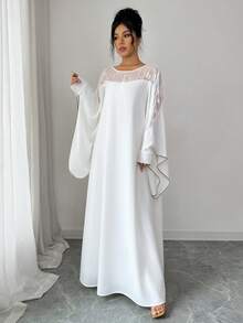Rafferiza Women's White Solid Color Flat Fabric Patchwork Jacquard Contrast Color Loose Long Sleeve Round Neck Casual Commuter Robe - White - View 5