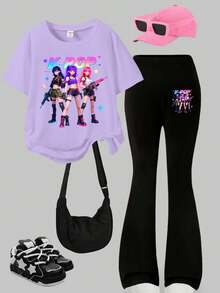 Tween Girl K-Pop Graphic Print Casual Comfortable Round Neck Short Sleeve T-Shirt & Black Flare Pants Set, Relaxed & Fashionable, Suitable For All Seasons, Daily Wear, Outdoor Activities - Multicolor - View 3