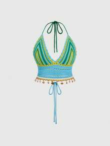 ROMWE Hippie 大码撞色条纹露背吊带针织上衣 - 彩色 - 查看 4