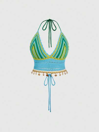 ROMWE Hippie Summer Outfits Plus Size Contrast Stripe Pattern Halter Backless Knit Top