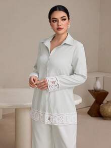 Graceveil Women's Loose Floral Lace Trim Blouse, Spring New Arrival - Light Grey - View 3