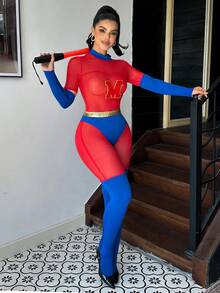 Fantasy Costume Fantasy Costume 三件套超级英雄服装：撞色网纱连体衣+内衣+手套，女士派对/音乐节/夜店角色扮演服装 - 紅色 - 查看 2