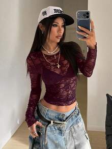 StreetHx 女士时尚圆领长袖性感蕾丝衬衫 - 紫色 - 查看 3