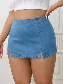 SHEIN ICON Gonna pantalone in denim casual con vita alta e doppia fenditura sul fondo, taglie comode - Lavaggio chiaro - Visualizzare 5